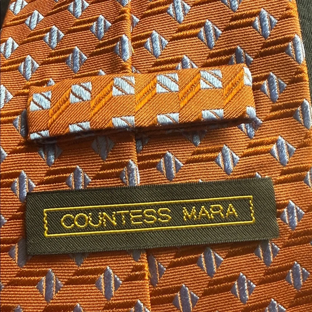 Countess Mara Men's Orange & Blue Patterned Tie, handmade 100% silk